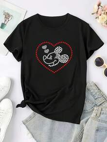 Casual Crew Neck T-Shirt With Heart-Shaped Mouse Print - Women's Y2K Style Short Sleeve T-Shirt, Comfortable For All Seasons, Machine Washable, Fashionable Outfit Made Of High-Quality Fabric [1]-Unisex Cotton Loose Fit Short Sleeve Crew Neck Urban Vintage Style T-Shirt - 黑色 - 查看 2