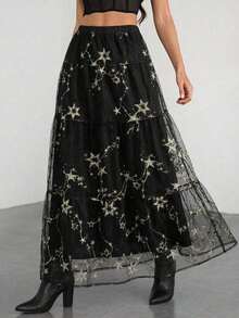 Nuevo estilo Falda maxi de cintura alta con lazo y doblones en el bajo, color sólido para mujer - Negro - Ver 7