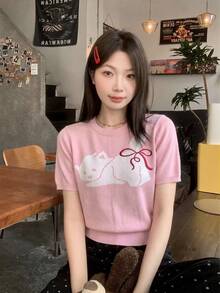 夏季新款粉色猫咪刺绣系带短袖针织T恤，纯甜美少女风撞色纹理露脐上衣，优雅休闲百搭女装通勤约会穿搭，Y2K复古校园海滩派对假日母亲节婚礼针织衫 - 粉色 - 查看 4