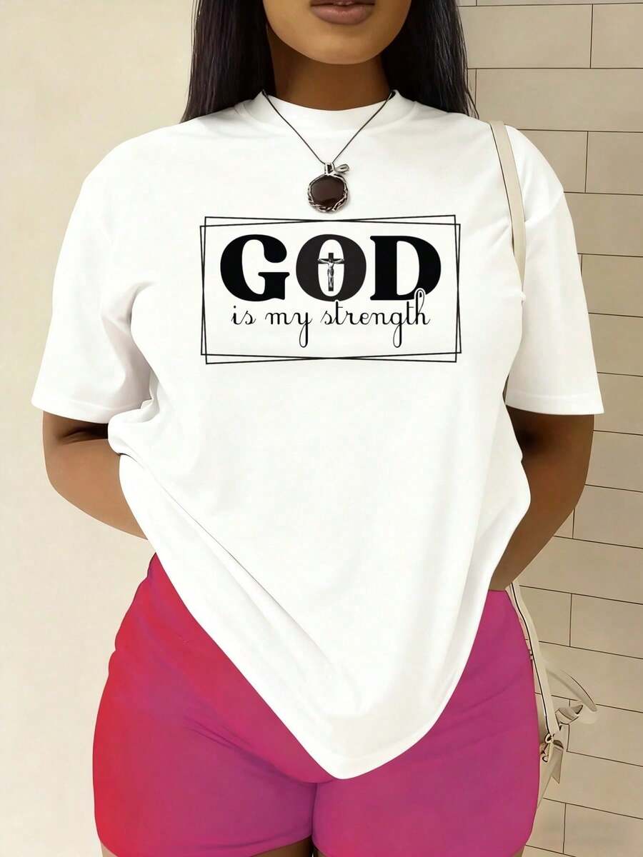 Camiseta de Mujer "Fuerza de Dios" Fe 100% Algodón 180G Blanca con Estampado Religioso "La Fuerza Viene de Dios" - Manga Corta Cuello Redondo para Iglesia, Verano y Ropa Casual - [Blanco] - Ver 1