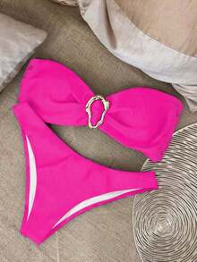 Nuevo conjunto de bikini negro sólido, sexy, elegante, casual, para playa, vacaciones y citas, sin tirantes, para primavera/verano - Rosa - Ver 6
