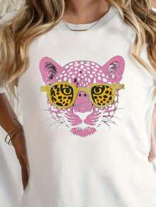 Women's Chic Pink Leopard Print T-Shirt - Round Neck And Short Sleeve, Casual And Party-Friendly, Machine Washable, Bold Printed Blouse, Soft, Fashionable, Breathable Fabric, Modern Tops, Fun Style, Everyday Wear, Ladies' T-Shirts - 白色的 - 查看 11