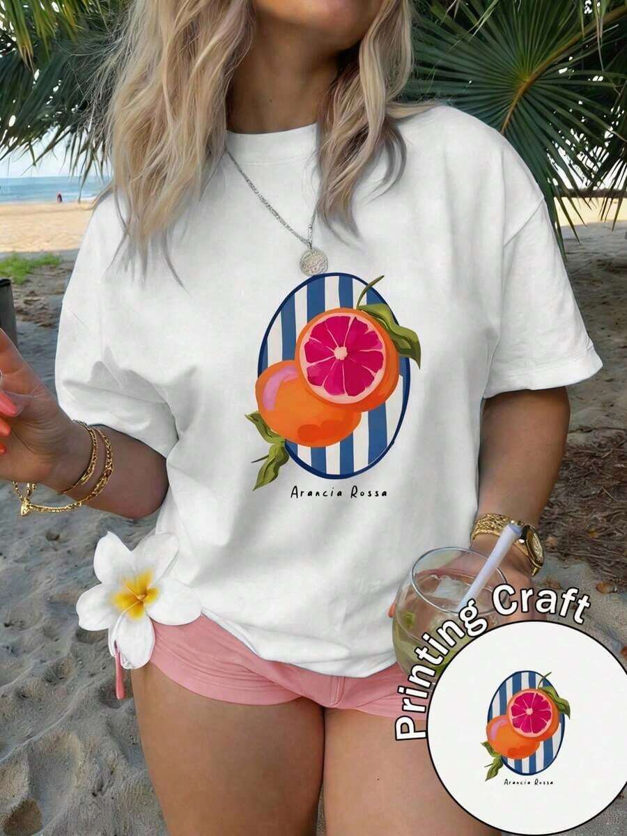 1 pieza, envío gratis, camiseta de manga corta con cuello redondo para mujer, 100% fibra, lavable a máquina, fácil de cuidar, diseño casual con estampado de rodajas de naranja y rayas, nueva camiseta de verano 2026 para uso diario y viajes, conjuntos de vacaciones en la playa 2026 para mujer, ropa bonita, 180g 100% algodón. - Blanco - Ver 1