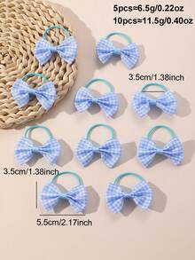 5pcs/10pcs Elegant Checkerboard Printed Bow Hair Scrunchies, Blue Tones, Suitable For Daily, Vacation, Graduation Season Decoration And Gifts - Blue - View 7