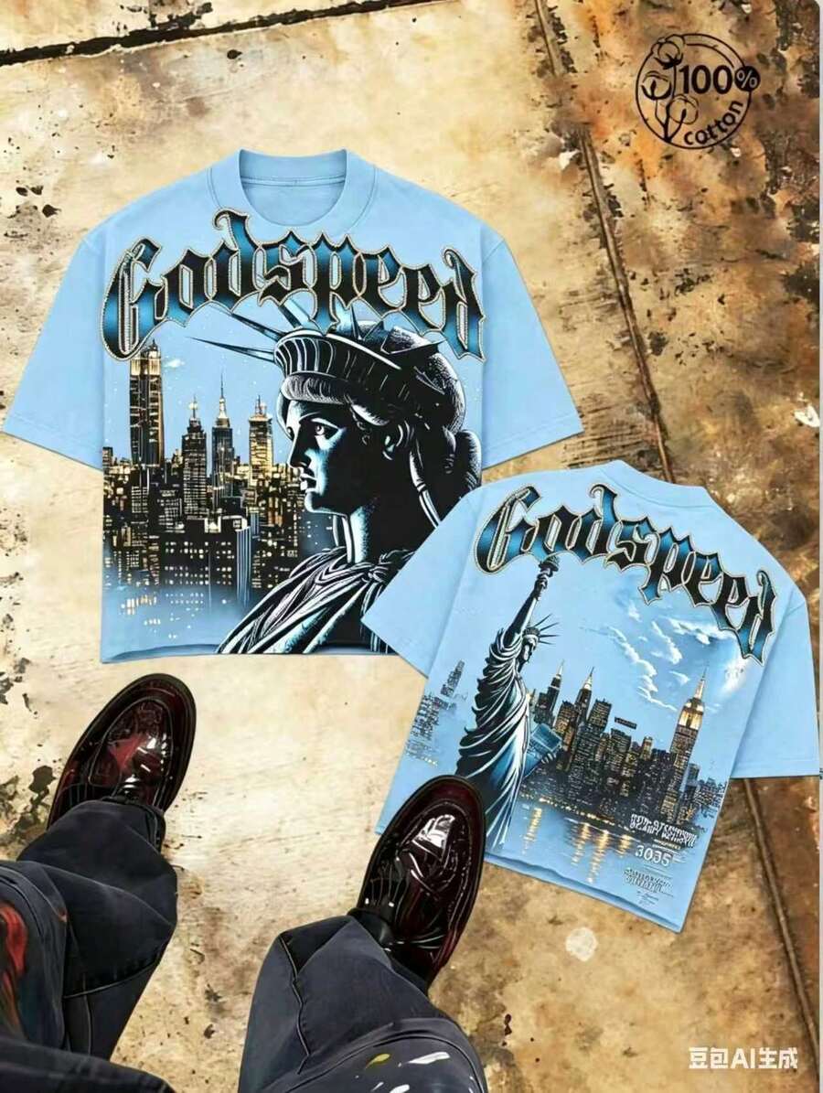 "Godspeed" Title - Oversized Distressed Print T-Shirt With Statue Of Liberty Pattern In The Night, Men's Short Sleeve, 100% Cotton, Loose Fit, Y2K Street Retro Casual Urban Aesthetics, 100% Cotton Pullover. Gift. - Màu xanh lam - Xem 1