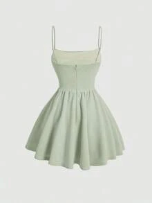 Elegante vestido de tirantes con fruncido en la cintura de color liso - verde menta - Ver 2