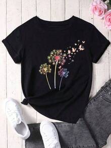 Camiseta de manga corta con estampado de diente de león y mariposa para mujer, camiseta gráfica para mujer JCS5 - Negro - Ver 5