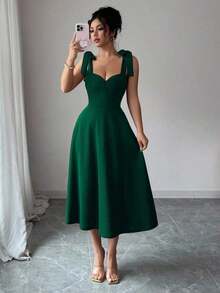 elegante y romántico para mujer con lazo decorativo en la cintura y corte evasé sin mangas - Verde Oscuro - Ver 6