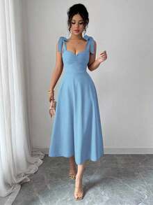 elegante y romántico para mujer con lazo decorativo en la cintura y corte evasé sin mangas - Celeste - Ver 6