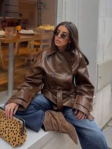 Women's Elegant Vintage Brown Patchwork Leather Waist Belt Motorcycle Jacket, Double-Breasted Lapel Casual Street Outerwear - Brown - View 5