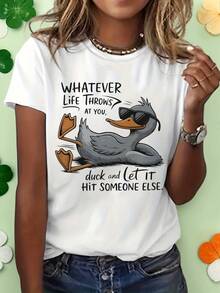 Camiseta Divertida de Pato para Mujer, Camiseta con la Frase 'Lo que la vida te de, afronta', Cuello Redondo Casual, Manga Corta, Top con Estampado de Animal Divertido - Blanco - Ver 1