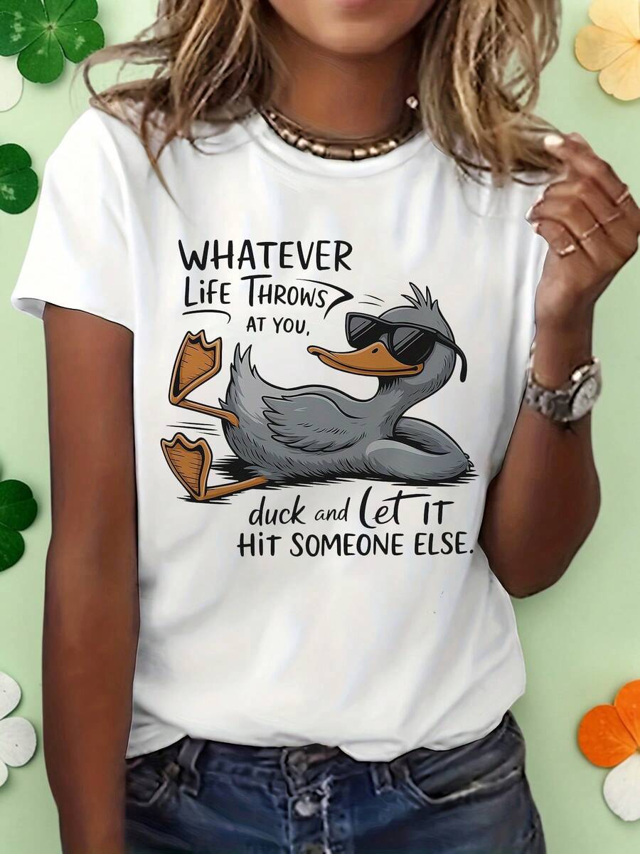 Camiseta Divertida de Pato para Mujer, Camiseta con la Frase 'Lo que la vida te de, afronta', Cuello Redondo Casual, Manga Corta, Top con Estampado de Animal Divertido - Blanco - Ver 1