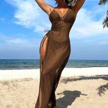 Swim Vcay Summer Beach Mono Bikini Set Halter Triangle Bra & Bikini & Drawstring Cutout Side Cover Up Dress 3 Piece Swimwear - Café integral - Ver 1