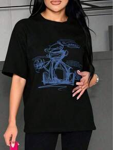 Camiseta deportiva casual impresa con cuello redondo, bolígrafo simple y gordo para hombres EG47 - Negro - Ver 1