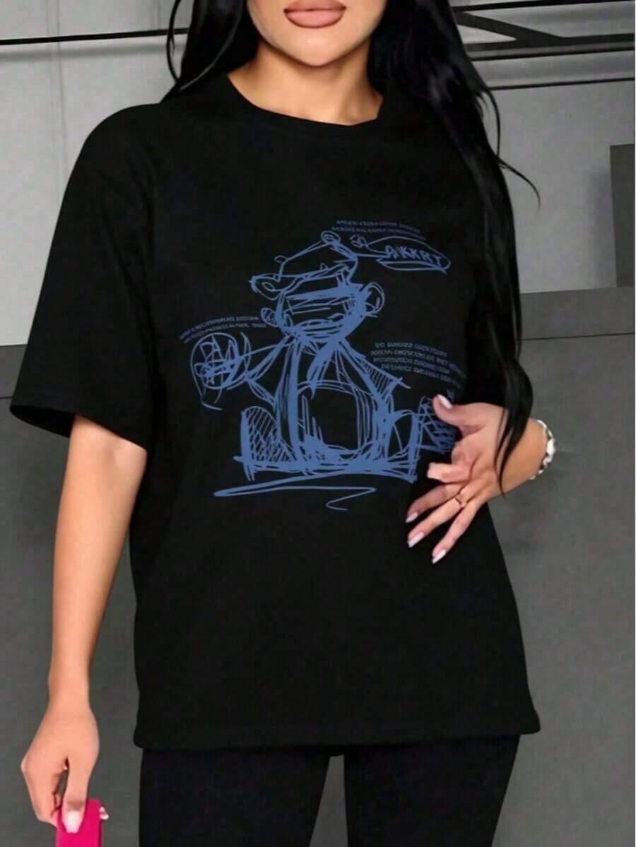 Camiseta deportiva casual impresa con cuello redondo, bolígrafo simple y gordo para hombres EG47 - Negro - Ver 1