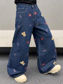 Jeans anchos y sueltos con bordado de oso de peluche y corazón, estilo Y2K, adecuados para uso casual diario y en el hogar - Azul - Ver 3