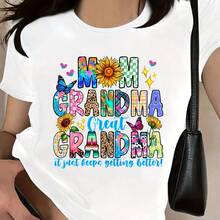 Camiseta de algodón para mujer con cuello redondo, estampado de girasoles y mariposas con letras 'MOM GRANDMA GREAT GRANDMA', tejido casual con mediana elasticidad para verano - Blanco - Ver 2