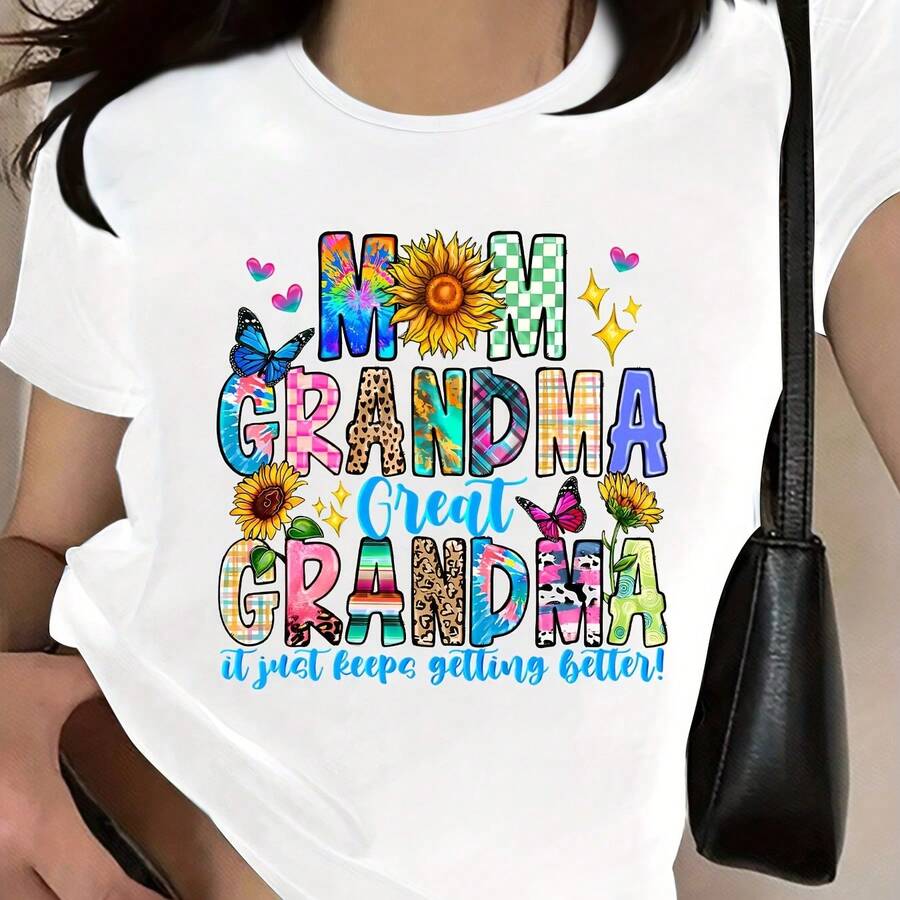 Camiseta de algodón para mujer con cuello redondo, estampado de girasoles y mariposas con letras 'MOM GRANDMA GREAT GRANDMA', tejido casual con mediana elasticidad para verano