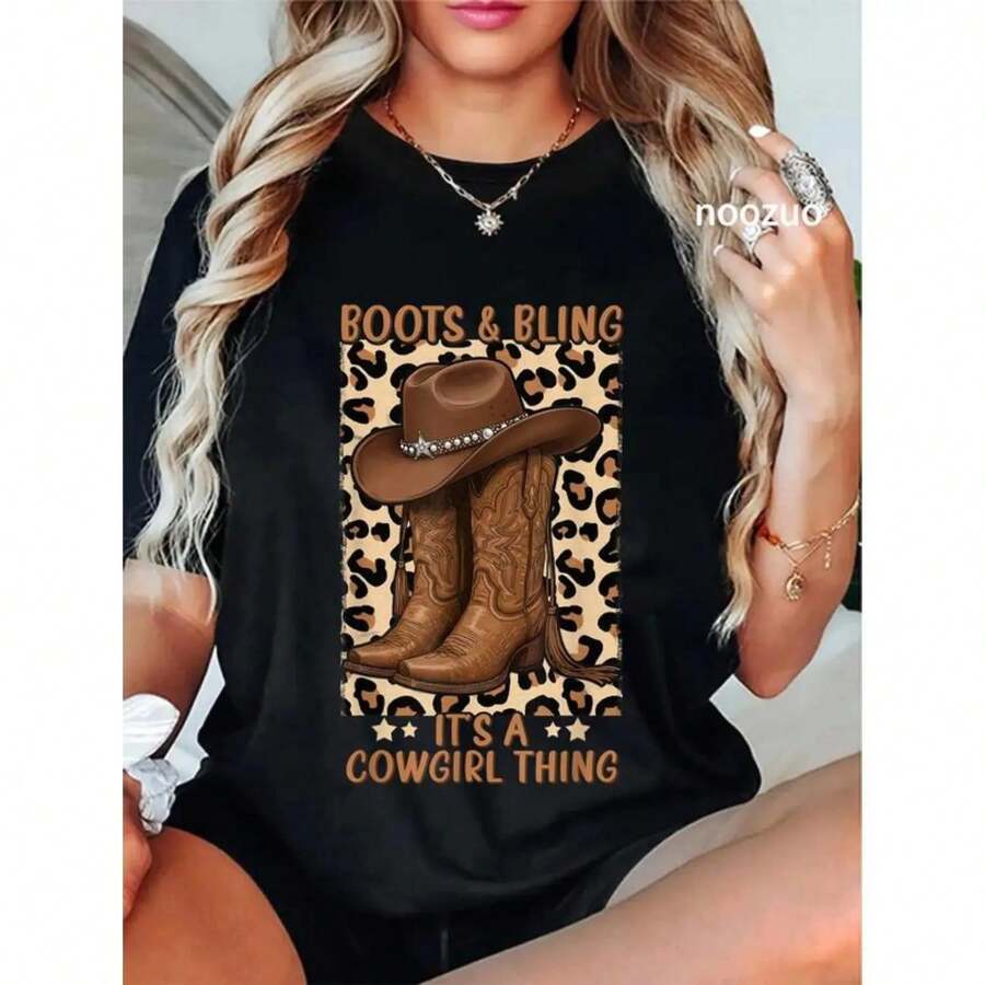 2026 Women's Shirt Print, New Summer Lightweight Casual Blouses For Ladies, Cotton Unisex Boots And Bling Cowgirl Theme Rodeo Love Country Girls Casual Tee - 黑色 - 查看 1