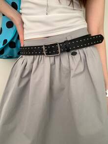 1件装女士黑色PU皮革朋克风极简双排铆钉设计独特腰带 - 黑色 - 查看 5