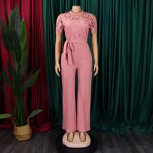 Nuevo Mono Mujer Estilo Europeo Americano Encaje Hueco Manga Corta Cintura Alta Con Cordones Pierna Ancha Sexy - Rosa - Ver 9