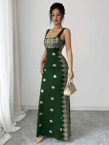 YHHSHEIN Raffinéa Vestido de verano nuevo para mujer, dorado brillante y negro, con cuello cuadrado, tirantes de espagueti, espalda descubierta, bajo con abertura, ajustado de cintura alta, adecuado para fiestas, bodas, banquetes de negocios, ocasiones diarias, galas, fiestas de boda y atuendos festivos. YHH - Verde Oscuro - Ver 5