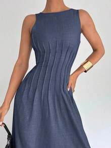 Nuevo vestido largo de verano con corte en la cintura y diseño fruncido, estilizador - Gris azul - Ver 3