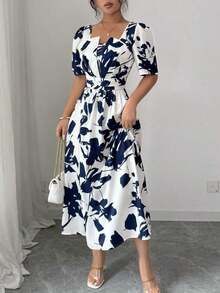 Vestido elegante con escote cuadrado, mangas abullonadas, cintura recogida y estampado colorblock de todo el vestido para el verano - Azul - Ver 3
