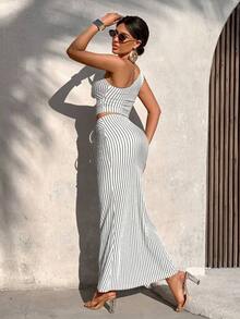 AIJ Amarilo Women's Summer Casual Striped One-Shoulder Ruffle Crop Top And Ruffle Fishtail Skirt 2-Piece Set (Random Print) Elegant - Cream White - View 2