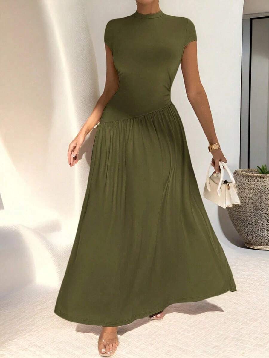 Vestido de línea A de manga corta, de cuello, ajustado, con bajo asimétrico, de uso diario, de estilo minimalista y elegante - Verde militar - Ver 1