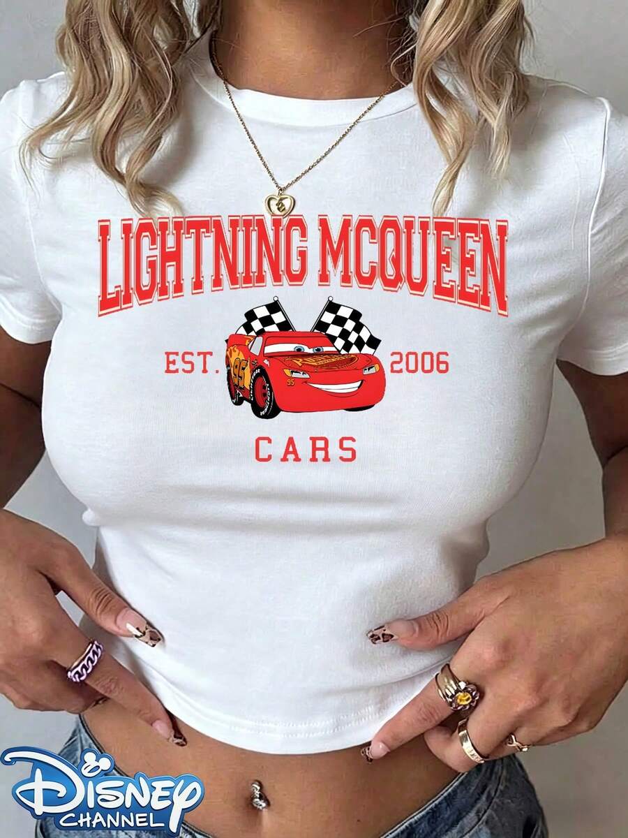 Genuine Disney New Lightning McQueen Cars Est. 2006 Print Design, Ladies' Casual Short T-Shirt With Round Neck And Slim Fit, Basic Polyester Fiber Tops In Summer Are Versatile For Everyday Wear, Comfortable And Loose, Ideal For Giving Her A Perfect Gift, Washable, Holiday Outfits For Women Festival Outfits Women Lineshirt Women White Top. - 白色 - 查看 1