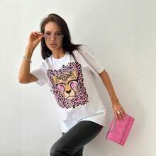 Camiseta de manga corta holgada 100% algodón con estampado de leopardo estilo BF, a la moda y con personalidad, estilo europeo y americano, para mujer, Verano 2026. - Negro - Ver 3