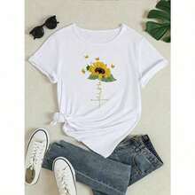 Camiseta de Mujer% Algodón - Camiseta Casual con Estampado Floral y Cuello Redondo - Manga Corta, Cuello Redondo, Poliéster Ligero, Top de Moda para Primavera/Verano/Otoño para Atuendos Casuales, Camisetas para Damas - Ligeras, transpirables, éxito de  en verano. - Blanco - Ver 3