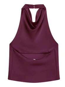 Camiseta sin mangas de satén de unicolor con cuello alto tipo halter Y2K para mujer, ropa de calle linda para el verano en color negro casual - Rojo violeta - Ver 8