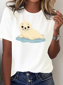Adorable Camiseta Suave Minimalista de Mujer con Foco en Foco de Foca - Blanco - Ver 2
