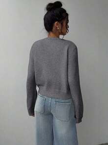 Cárdigan de mujer de manga larga, cuello redondo, suelto y corto, de unicolor, cómodo y acogedor, ideal para el uso diario, en color amarillo mantequilla para otoño/invierno - Gris 2 - Ver 2