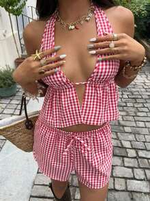 SunnyBelle Top sin espalda con escote profundo en V de cuello halter a rayas azul y blanco de lino, y shorts casuales sueltos con cordón a la cintura, conjunto veraniego sexy, lindo, elegante y romántico para mujer - Rojo y blanco - Ver 4