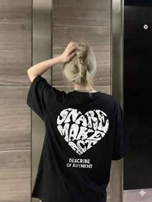 日式夏季愛心圖案女款寬鬆休閒短袖上衣，藍色字母背印 T-shirt，黑色 - 黑色 - 查看 3