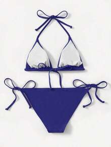 Women's Simple Solid Color Swim Bikini With A Halter Neck And Cutout, Suitable For Beach Vacations And Summer. - Navy Blue - View 2