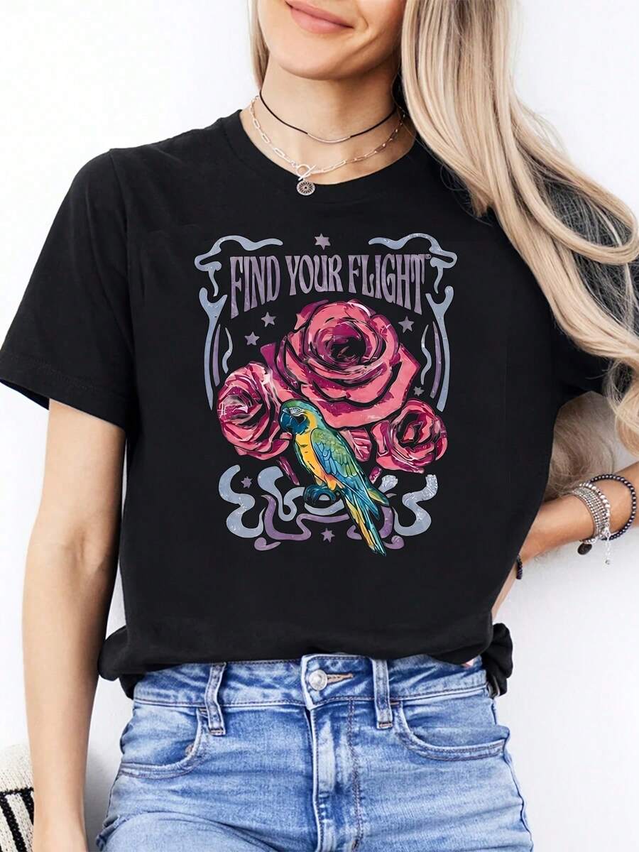Women's Short-Sleeved T-Shirt, Round Neck, Casual And Modern Style For Mother's Day | Original Parrot And Rose Design, Ideal As A Gift For Friends And Family - 黑色 - 查看 1