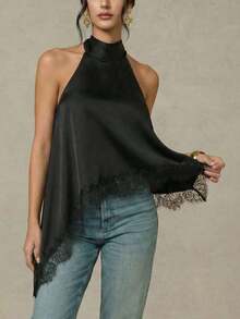 Blusa elegante de cuello halter con bajo asimétrico y encaje de contraste de unicolor para mujer - Negro - Ver 8