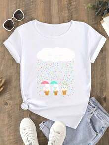 Camiseta Deportiva Casual de Talla para Mujeres, Tela Transpirable, Cuello Redondo, Manga Corta, Versión Suelta, Estampado de Helado de Dibujos Animados - Blanco - Ver 12