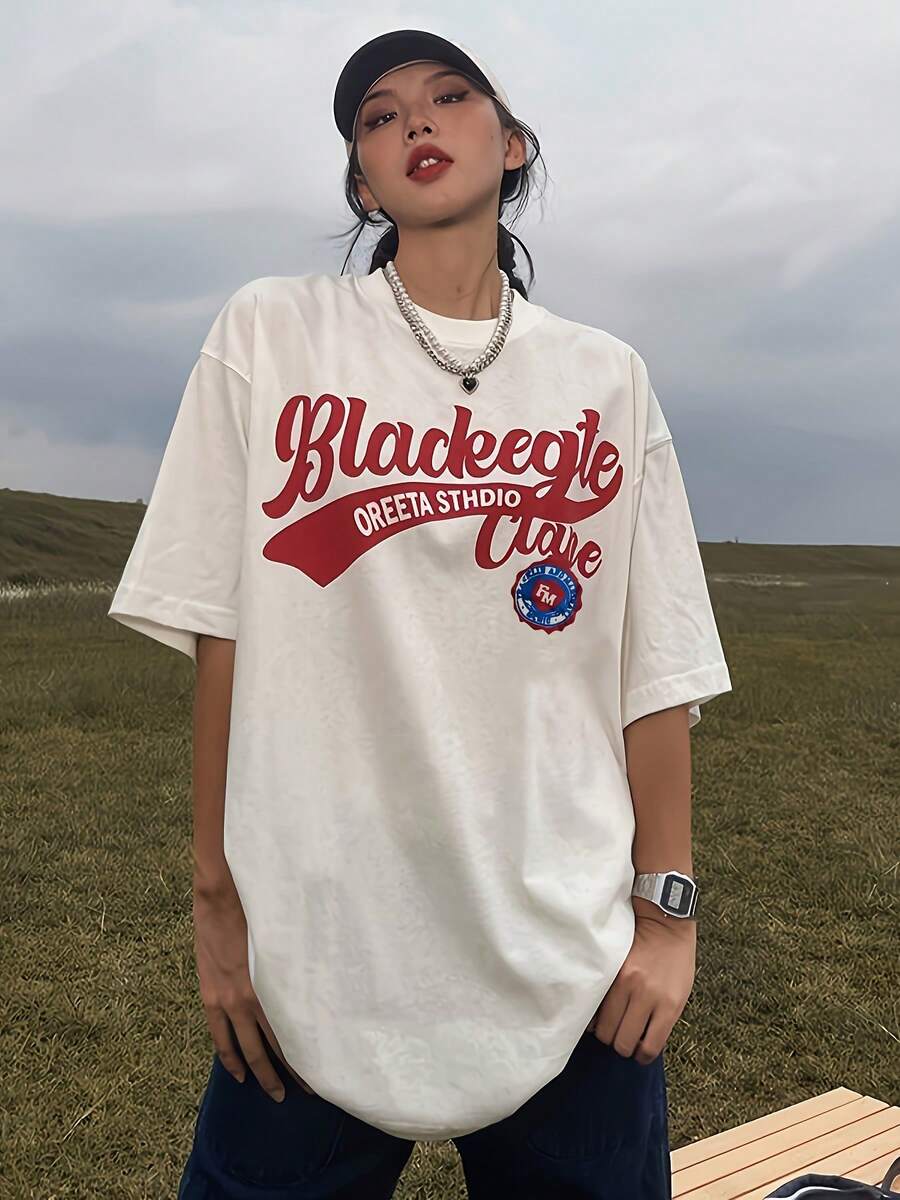 1pz Camiseta Oversized Vintage para Mujer - Estampado Retro de Letras, Manga Corta Casual, Cuello Redondo Transpirable para Primavera/Verano, Lavable a Máquina, Ropa Relajada, Tejido No Transparente - Blanco - Ver 1