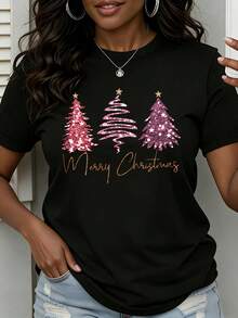 Women's Short Sleeve Cotton T-Shirt - Elegant Short Sleeve T-Shirt With Christmas Tree Design - Round Neck, Casual Style For The Holidays, With Festive Decorations And Suitable For Christmas Outfits - Machine Washable, For Year-Round Wear - Special Elegant Line. - 黑色 - 查看 6