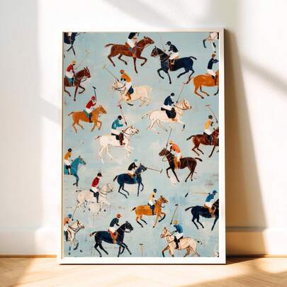 1pc Horse Race Wall Art Picture Equestrian Sports Prints Canvas Painting Preppy Aesthetic Poster Modern Light Blue Abstract Decor For Living Room Bedroom Bathroom Wall Decoration Unframed , Framed Or Wooden Hanging Scroll