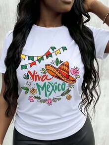 Camiseta Casual de Moda para Mujer, Camiseta de Estilo Casual para Mujer con Diseño de Viva México, Sombrero y Flores para Festivales de Verano y Celebraciones Culturales, Regalo Perfecto para Amigos y Familiares Amantes de la Cultura Mexicana. - Blanco - Ver 7