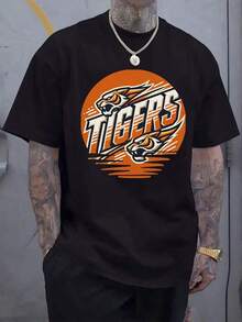 Men's Short Sleeve T-Shirt With Black Tiger Print - Eye-Catching Orange And White Tiger Design, Regular Fit, Casual Summer Top, Sporty Style Clothing. | Sporty Look | Embellishments Details Women's Holiday Sets 629G - 黑色 - 查看 6