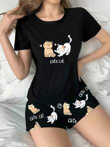 女士休闲舒适卡通印花短袖上衣和可爱短裤两件套睡衣套装 - 黑色 - 查看 1