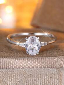 Vanel 1 chiếc nhẫn solitaire hình oval màu bạc thanh lịch, đính đá Cubic Zirconia, kiểu dáng tối giản, thích hợp đeo hàng ngày, món quà trang nhã. - trắng bạc - Xem 4