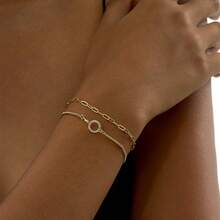 Tkool 2pcs/Set Women Bracelet Set, Summer Beach Vacation Bohemian Style, Copper Inlaid Zirconia Circle, Paperclip Chain, Tassel Multilayer Bracelet, Daily Accessory Gift - Yellow Gold - View 1